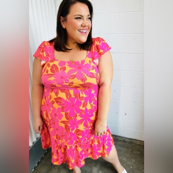 Fuchsia & Orange Tropical Floral Square Neck Dress - Picture 1 of 16